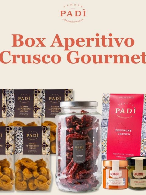 Box Aperitivo Crusco Gourmet Lucano con Peperoni Cruschi, taralli al peperone crusco, Funghi lucani, Condicrusco spalmabile e chips di crusco.