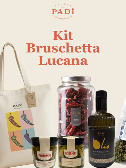 Kit Bruschetta Lucana Tenuta Padì | Olio + Origano + Melanzane + Peperoni Cruschi + Funghi + Tote Bag in Omaggio